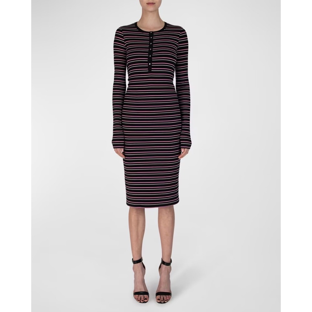 ATM Anthony Thomas Melillo Striped Henley Midi Dress Black Pink Gray Large